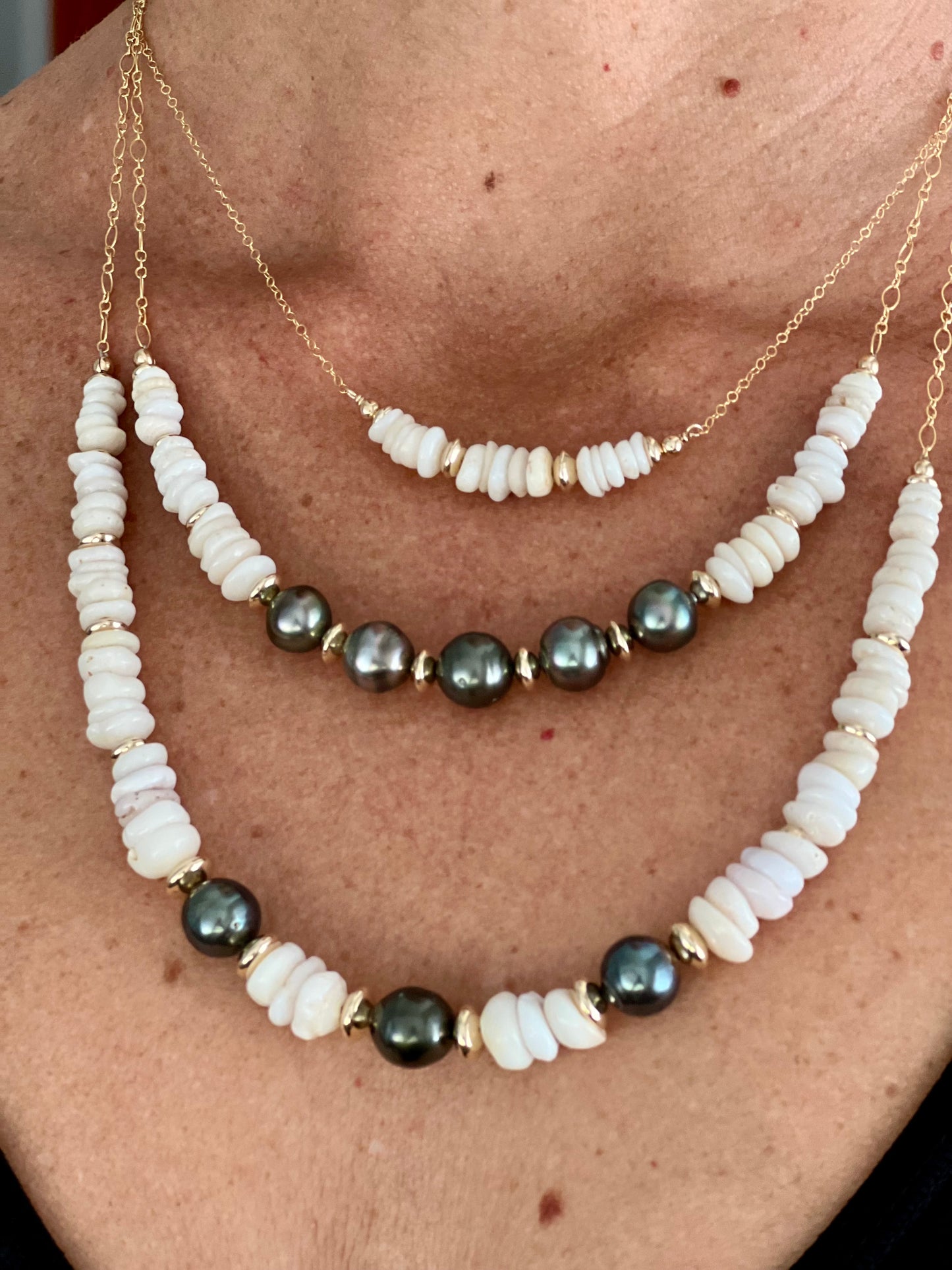 Puka Shells and 3 Tahitian Pearls Necklace