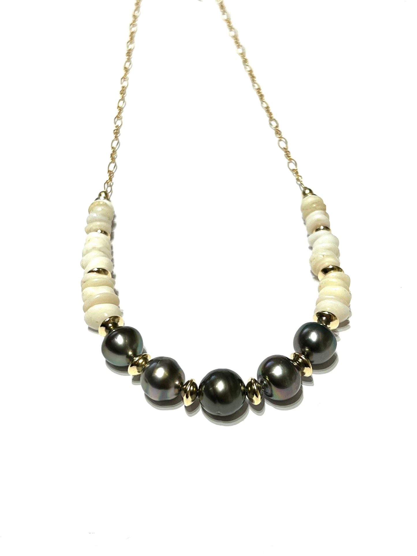 Puka Shells and 5 Tahitian Pearls Necklace