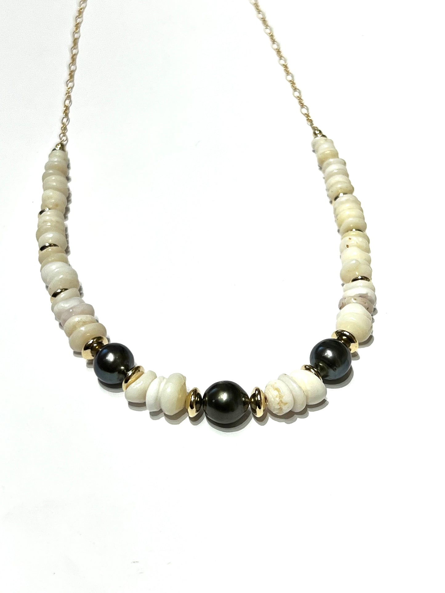 Puka Shells and 3 Tahitian Pearls Necklace