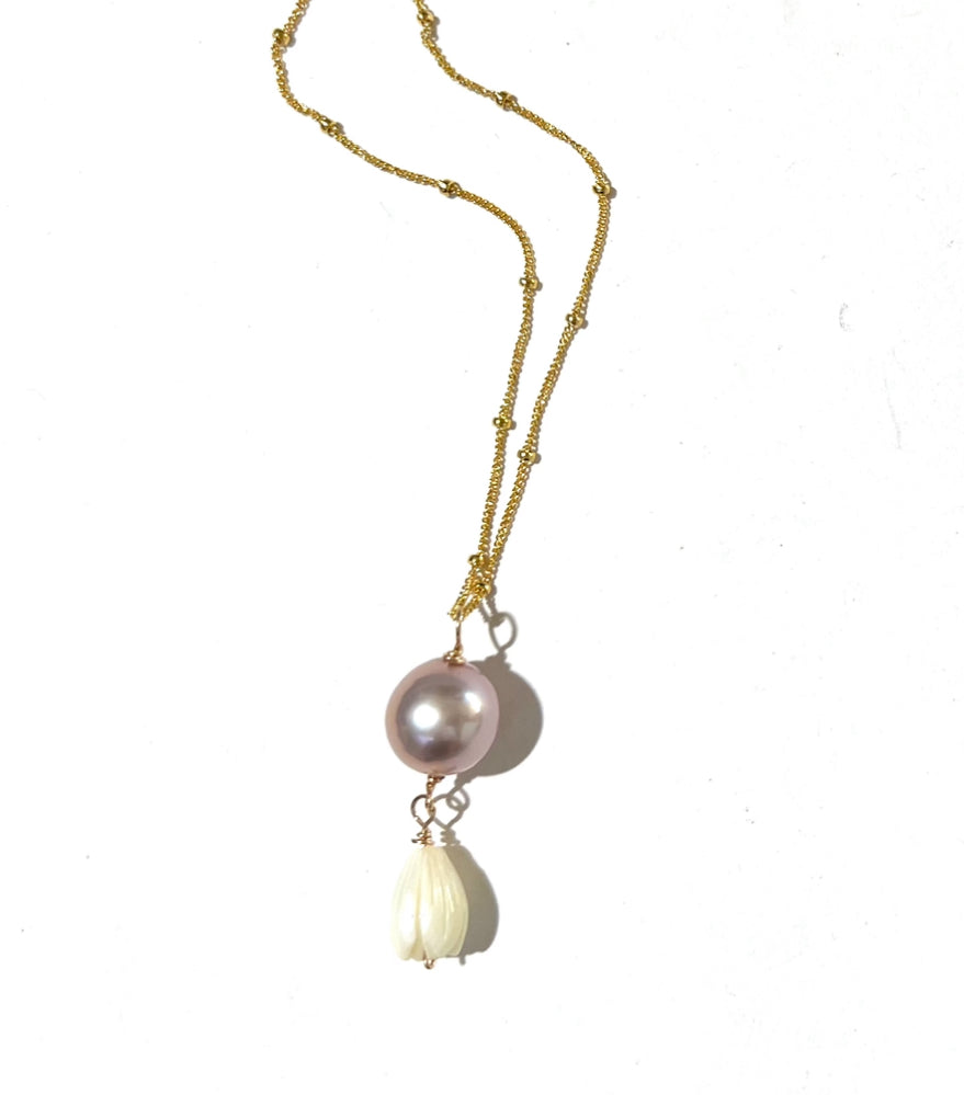 Bloom from the ashes pink Edison pearl and Mother of Pearl pikake flowers necklace and earrings