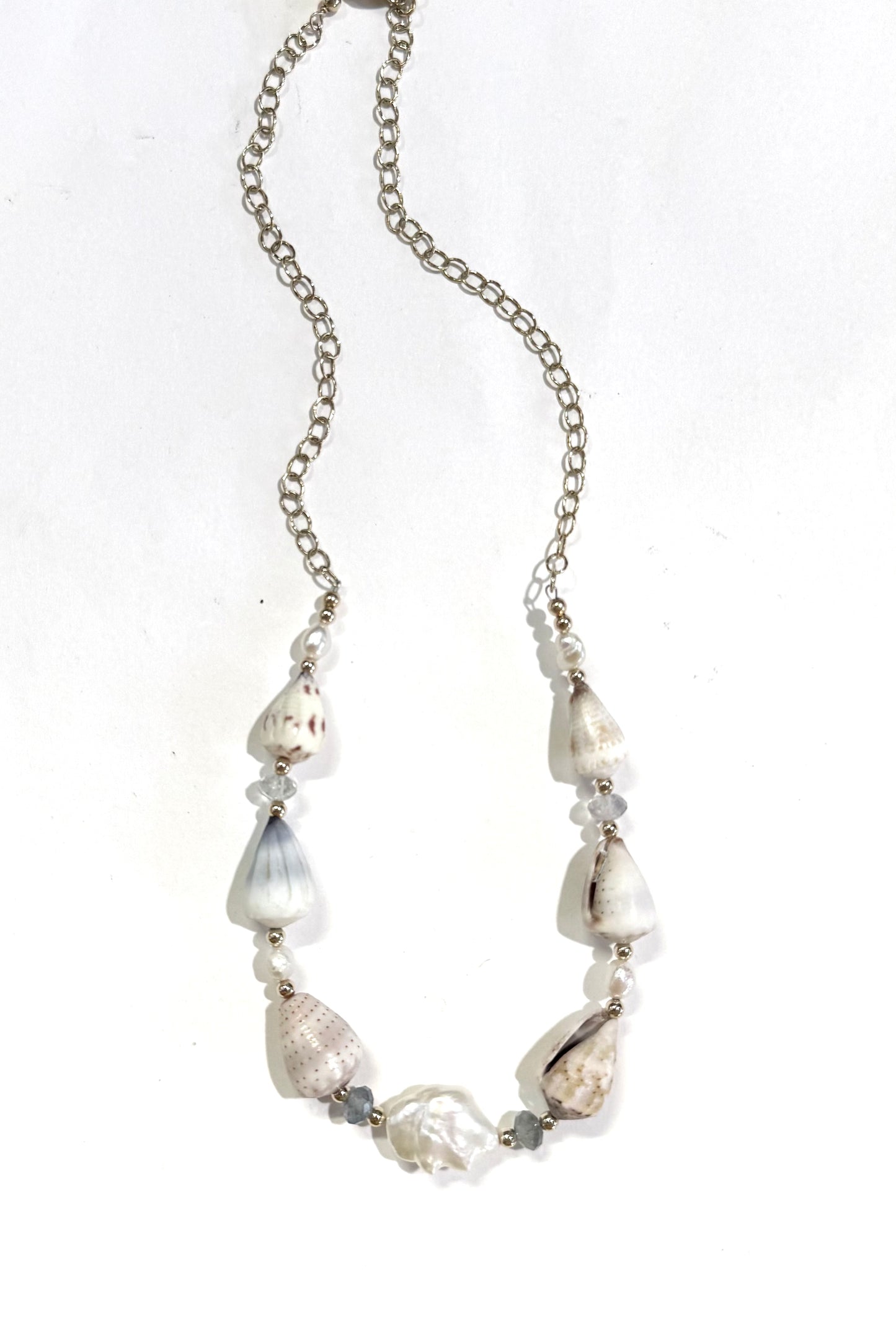 Cone shells, fluorite,and fresh water keshi Pearls necklace