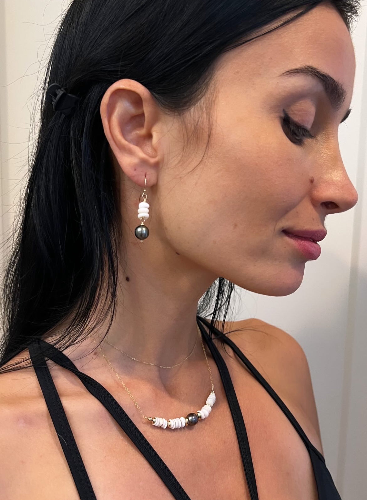 Puka shells and Tahitian pearl necklace