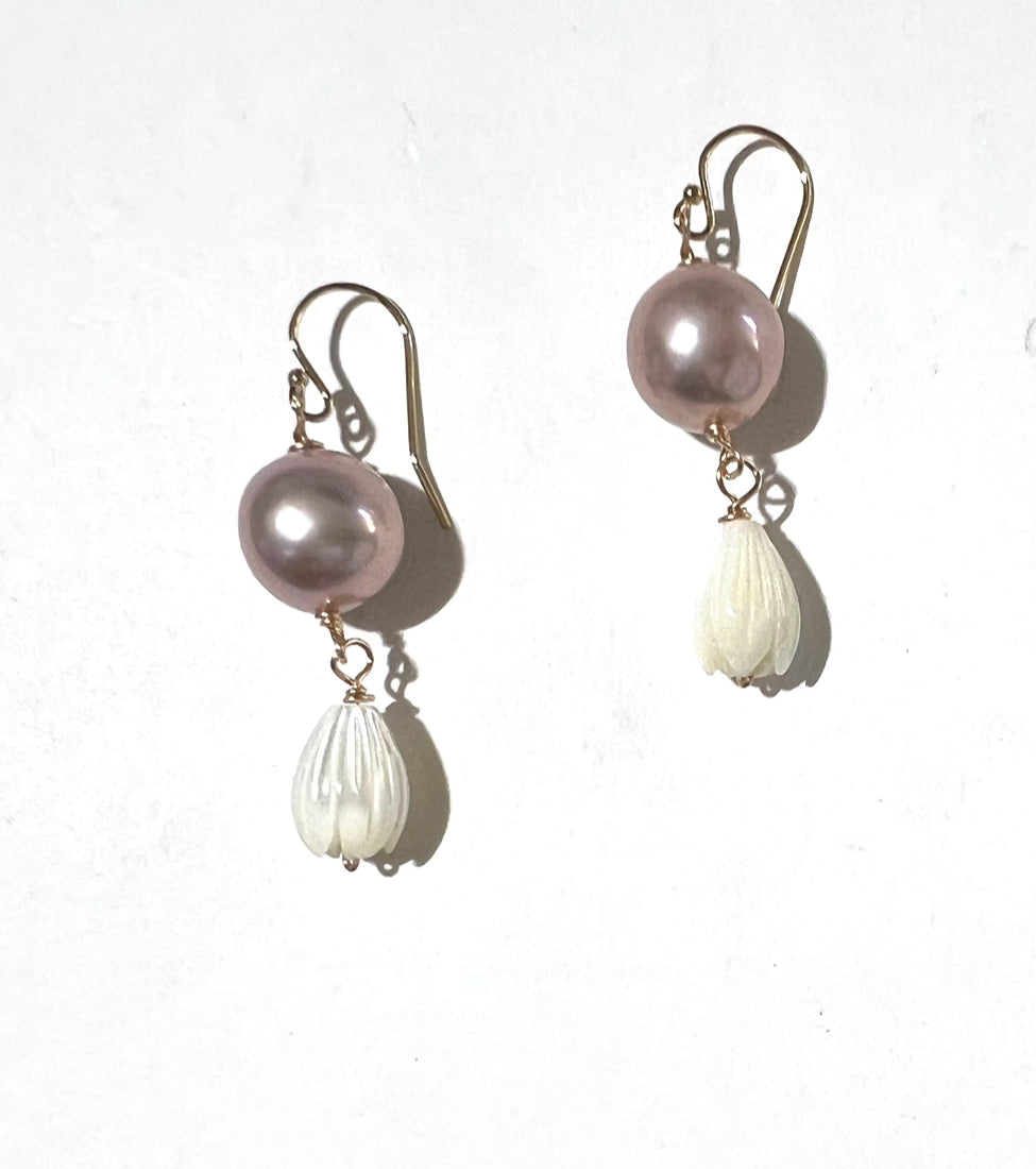 Bloom from the ashes pink Edison pearl and Mother of Pearl pikake flowers necklace and earrings