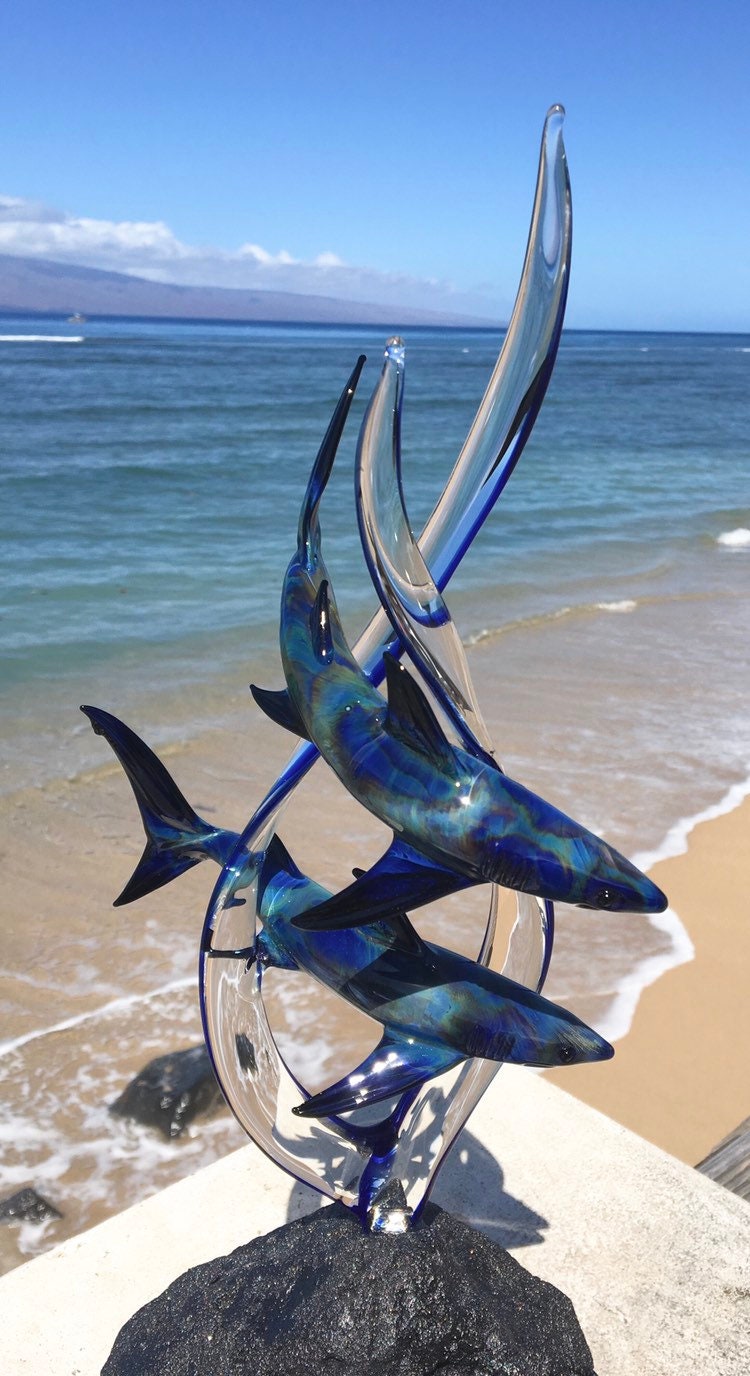 Custom Black lightning reef sharks on seaweed Glass Sculpture
