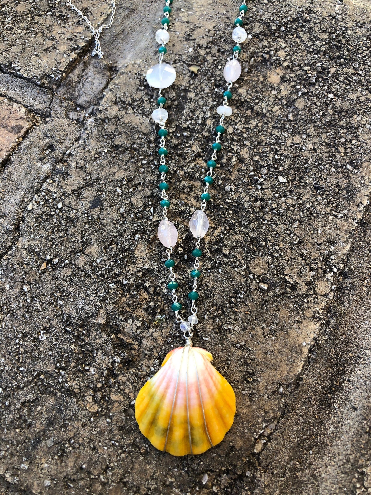 Sunrise shell necklace with green onyx, rose quartz, and white chalcedony