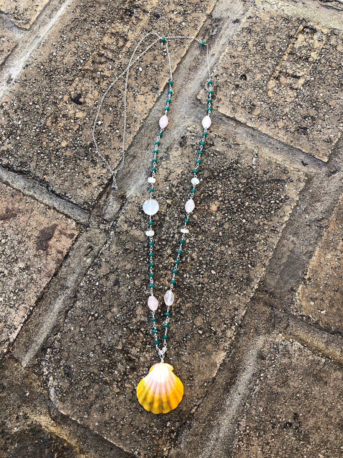 Sunrise shell necklace with green onyx, rose quartz, and white chalcedony