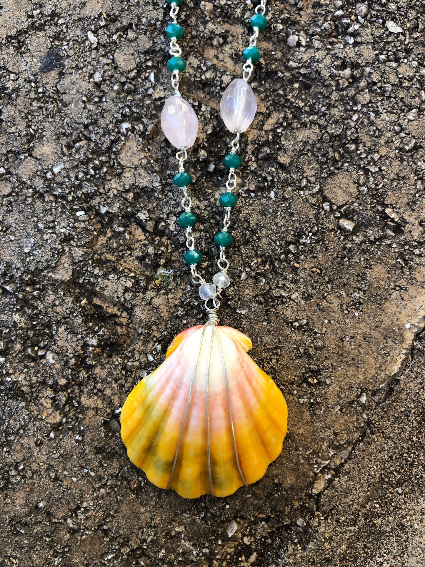 Sunrise shell necklace with green onyx, rose quartz, and white chalcedony