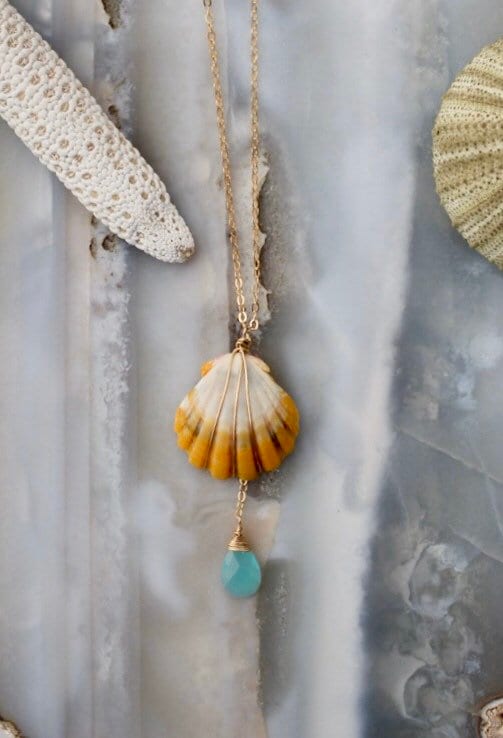 Sunrise shell necklace with aqua chalcedony gemstone