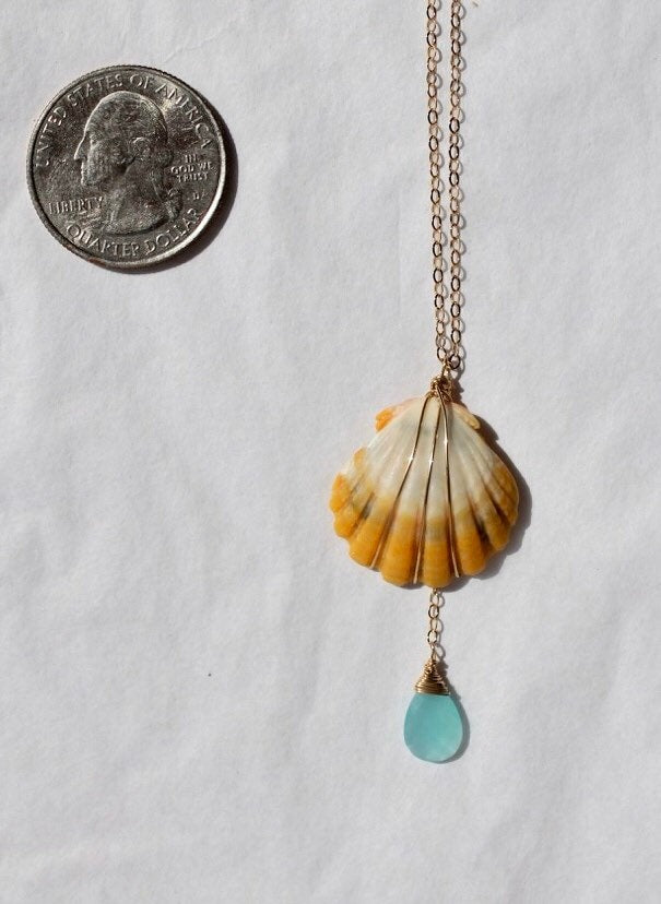 Sunrise shell necklace with aqua chalcedony gemstone