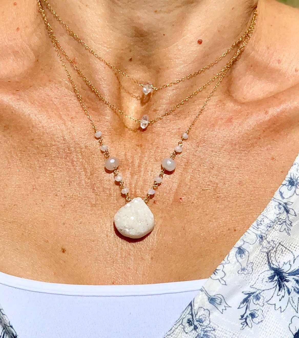 White druzy and moonstone necklace