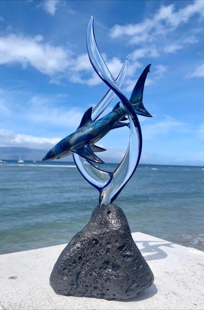 Custom Black lightning reef sharks on seaweed Glass Sculpture