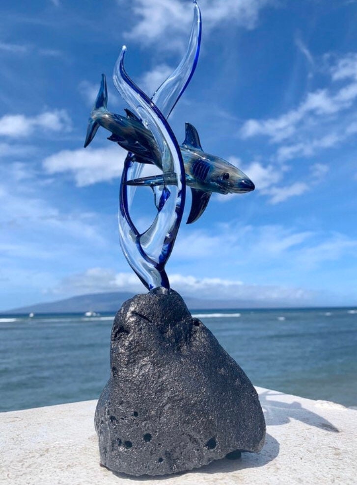 Custom Black lightning reef sharks on seaweed Glass Sculpture