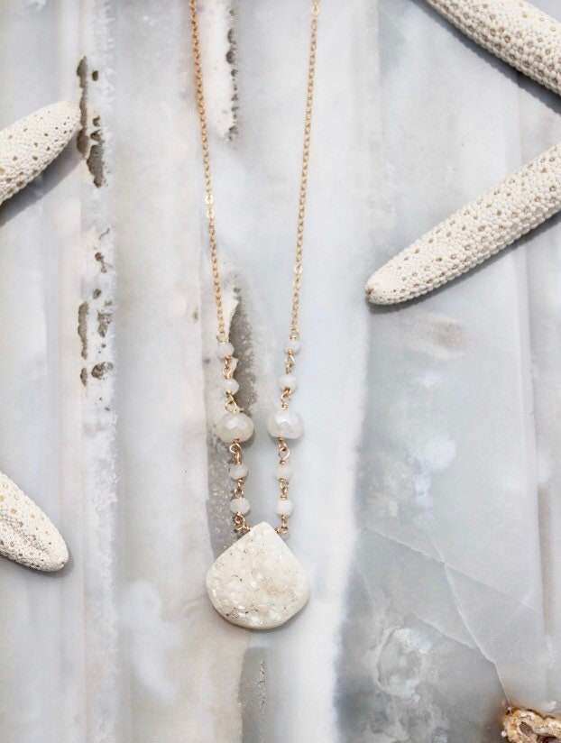White druzy and moonstone necklace