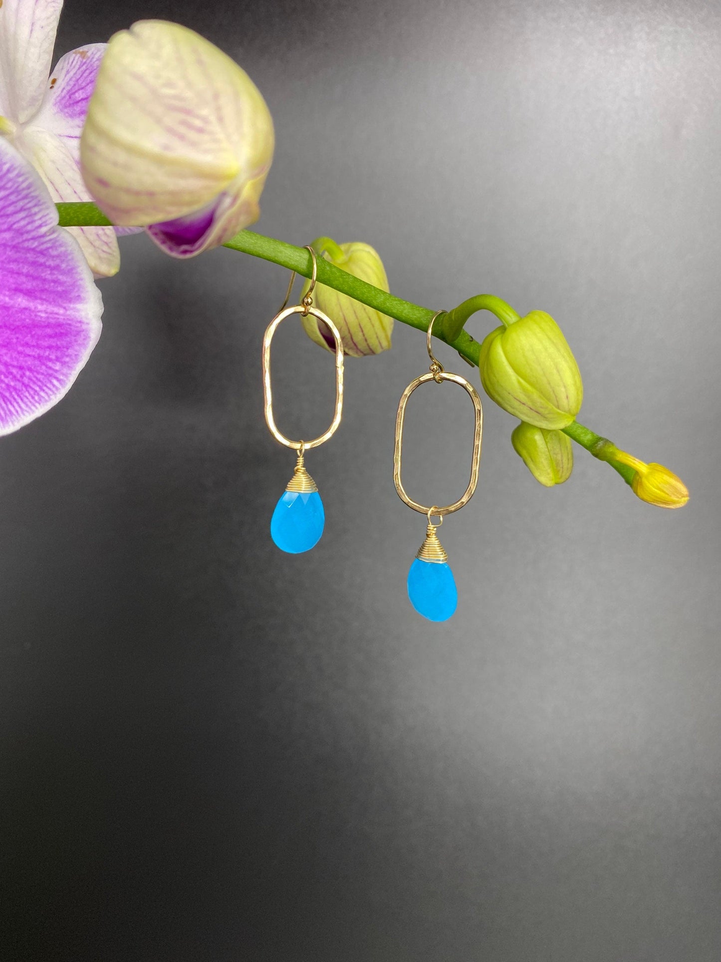 Blue chalcedony teardrop hoops