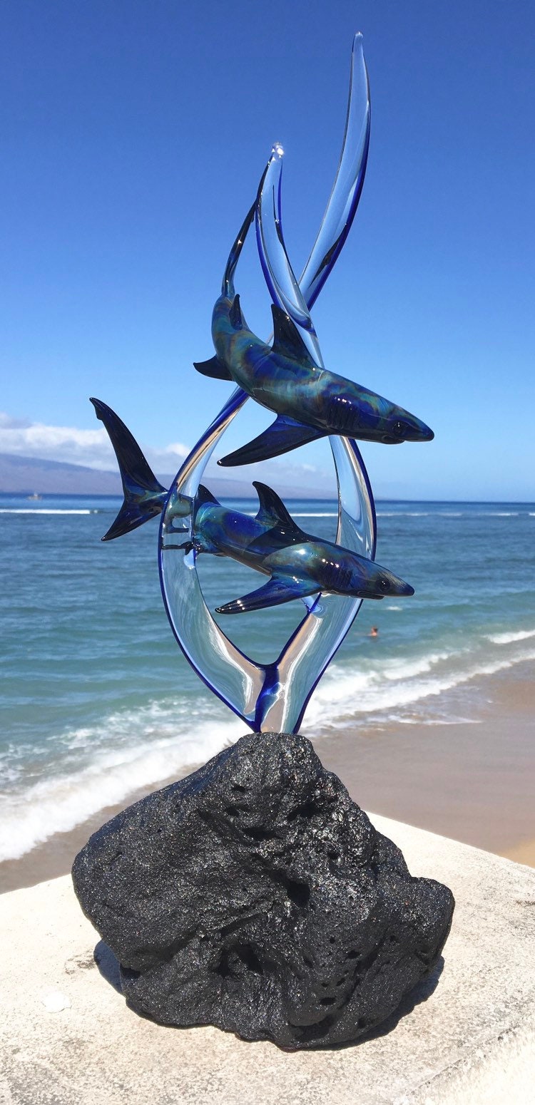 Custom Black lightning reef sharks on seaweed Glass Sculpture