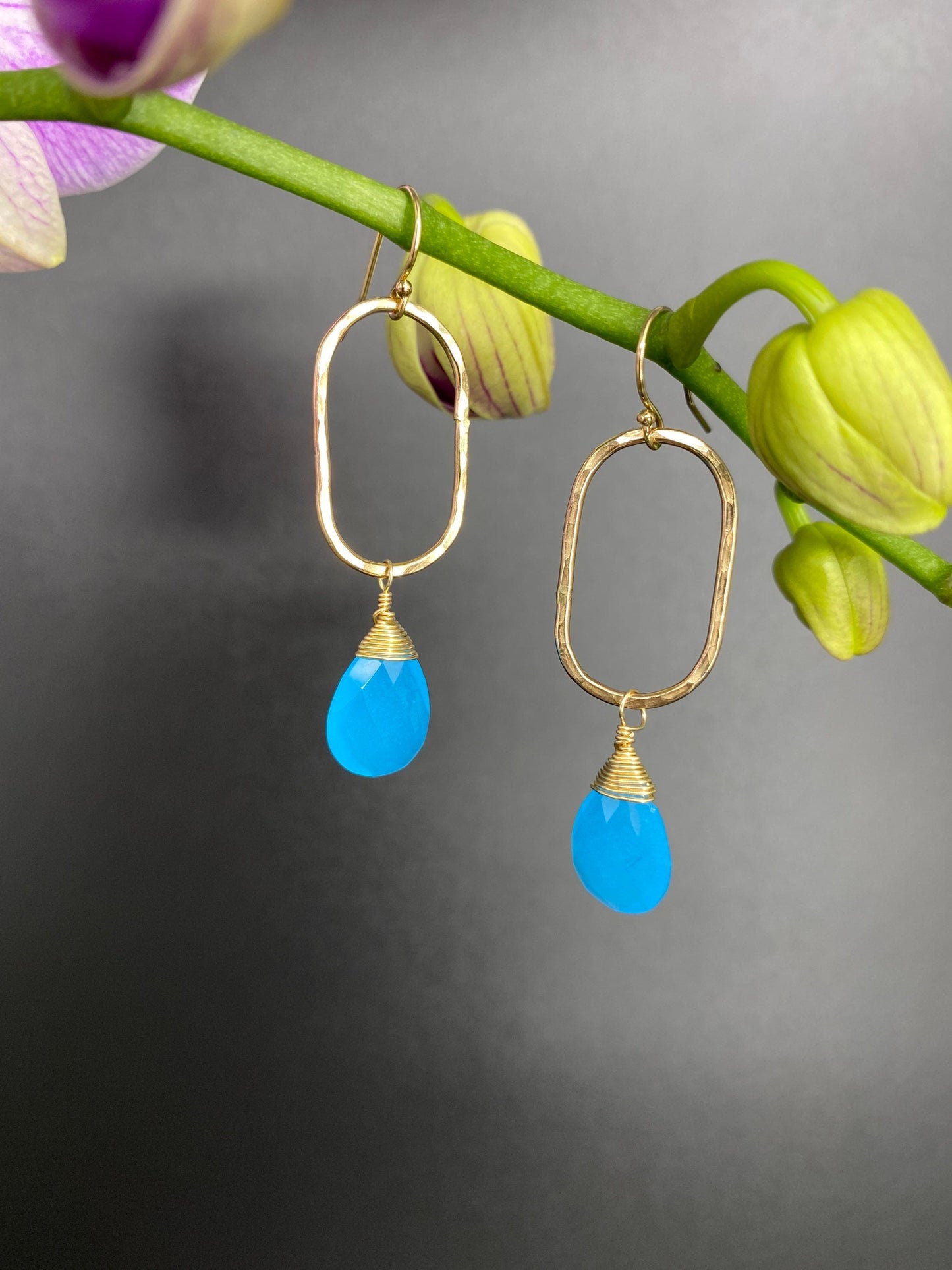 Blue chalcedony teardrop hoops