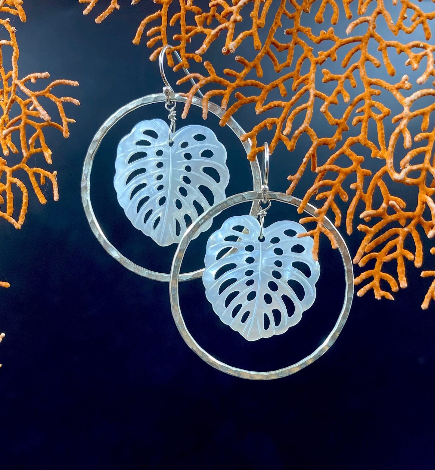 Monstera leaf hoop earrings and necklace