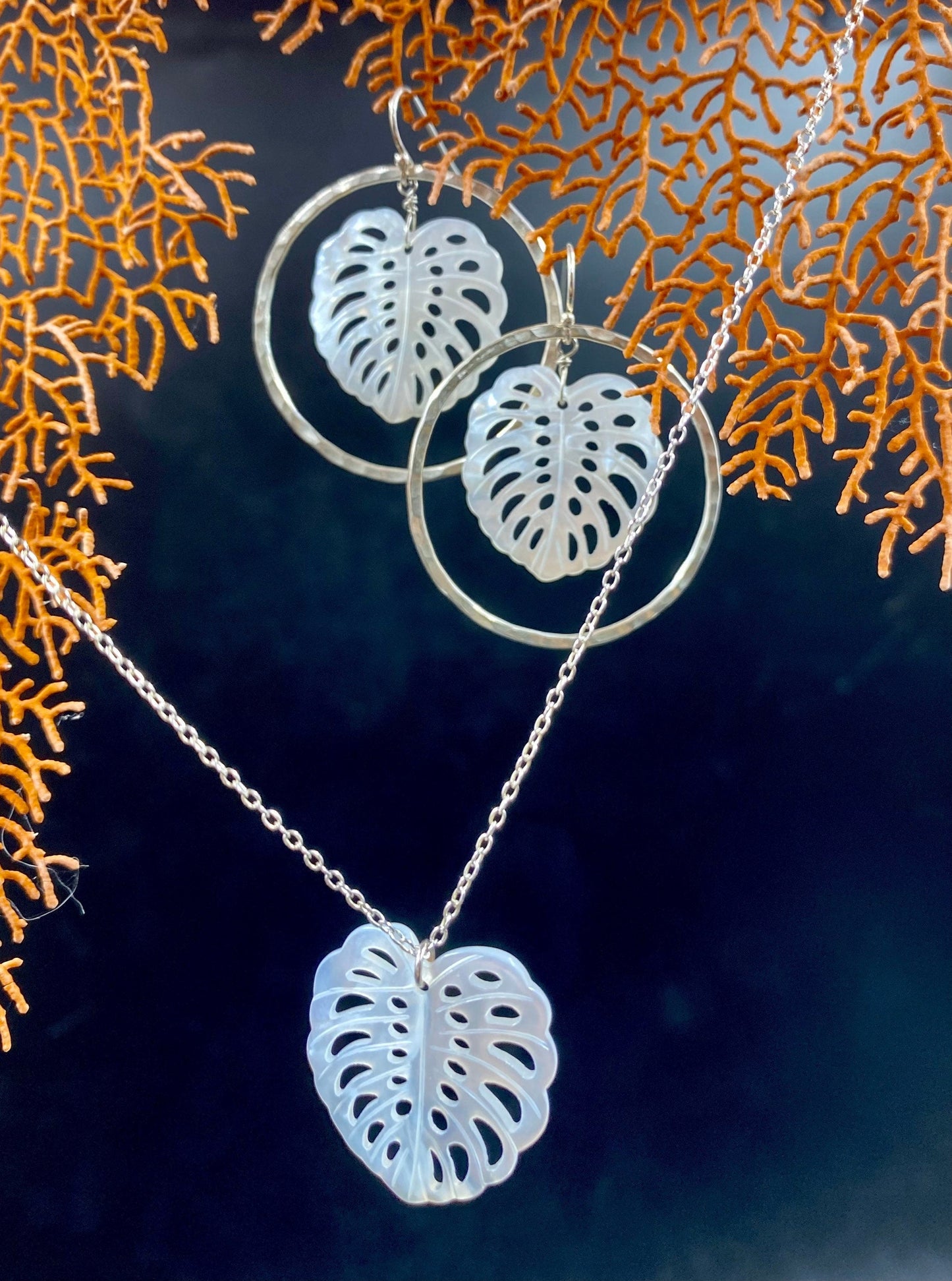 Monstera leaf hoop earrings and necklace