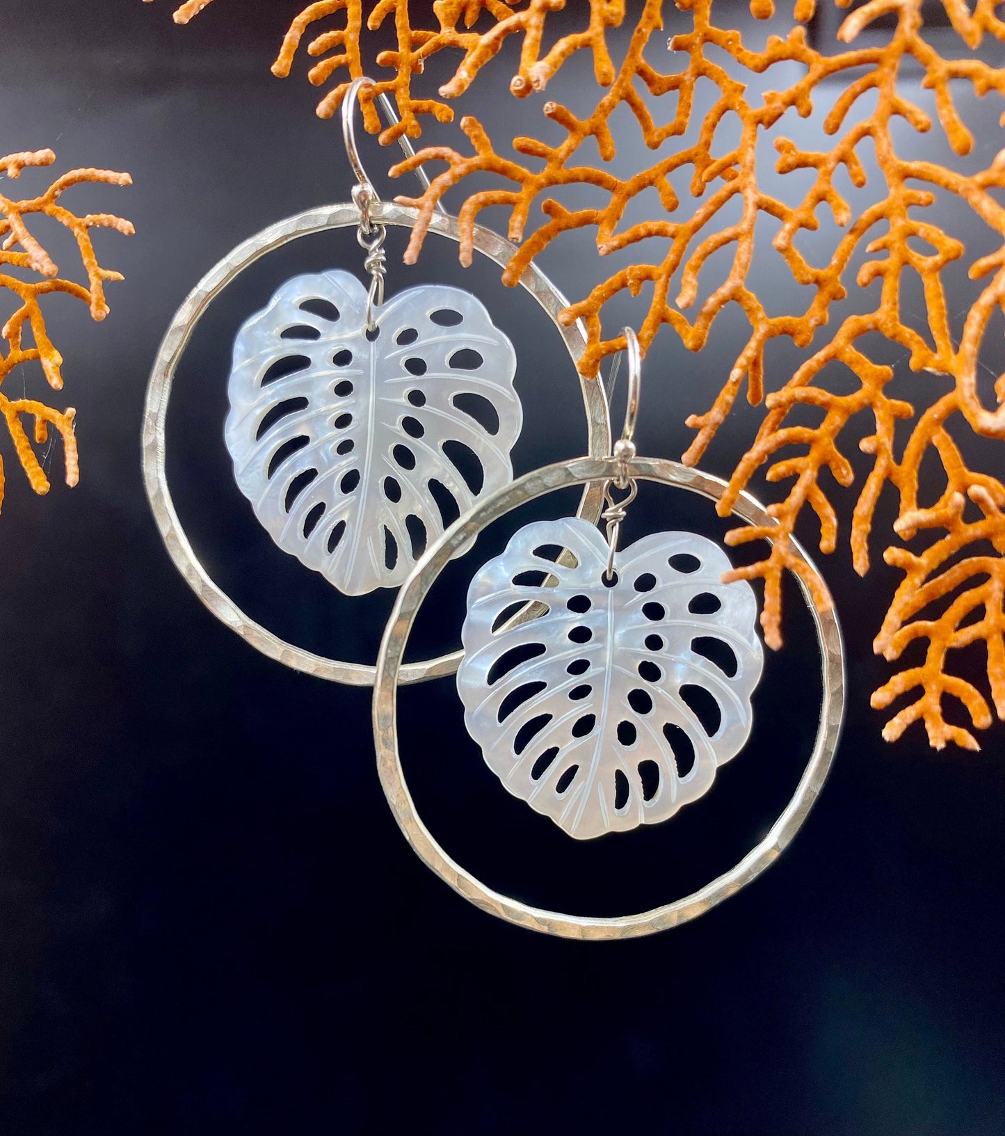 Monstera leaf hoop earrings and necklace