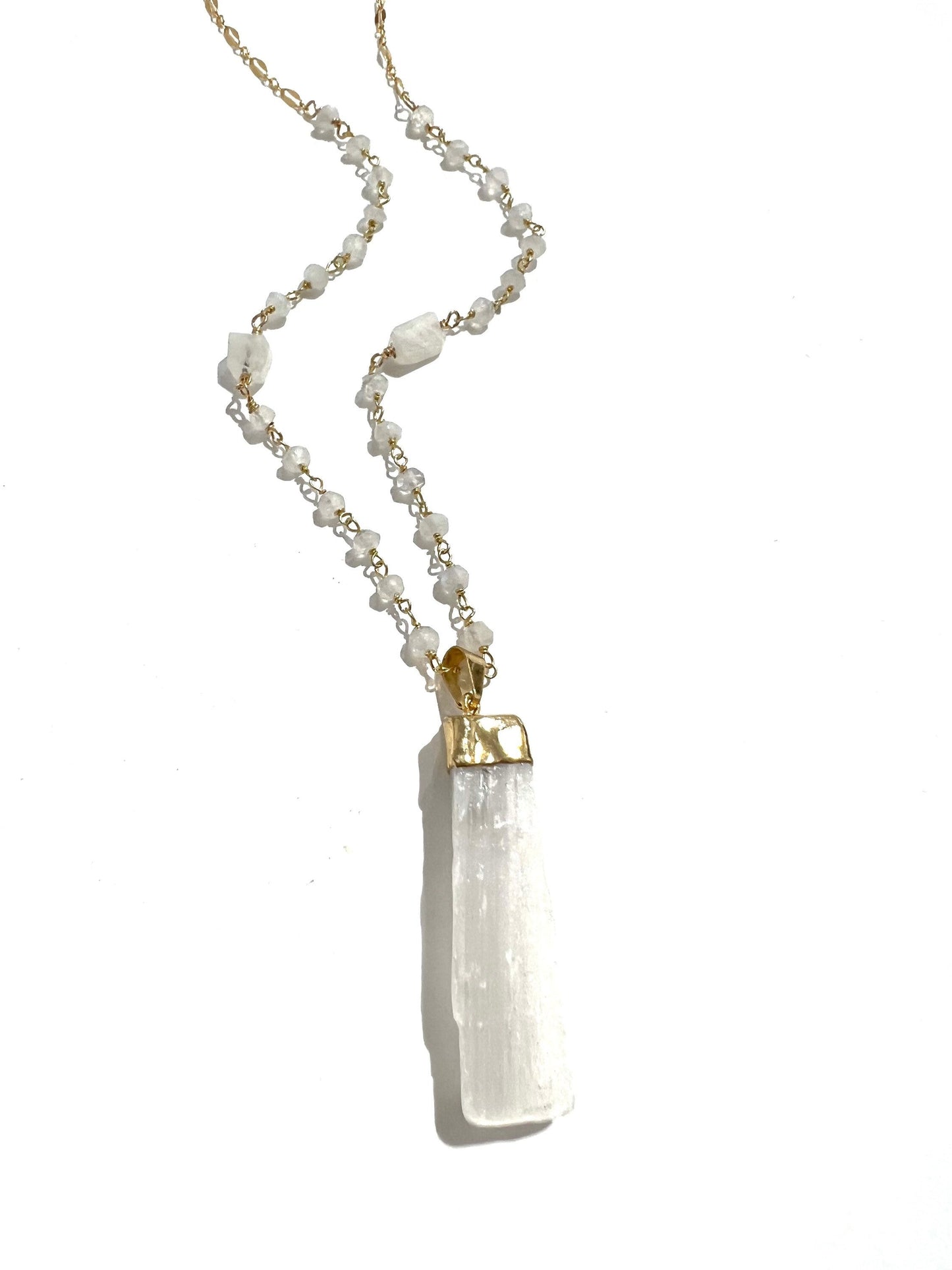 Selenite and rainbow moonstone necklace