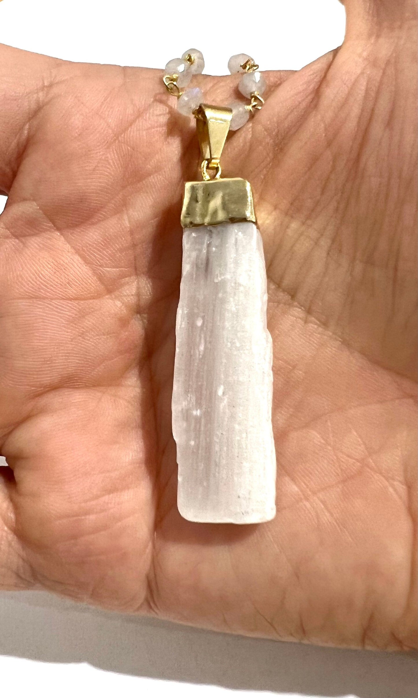 Selenite and rainbow moonstone necklace