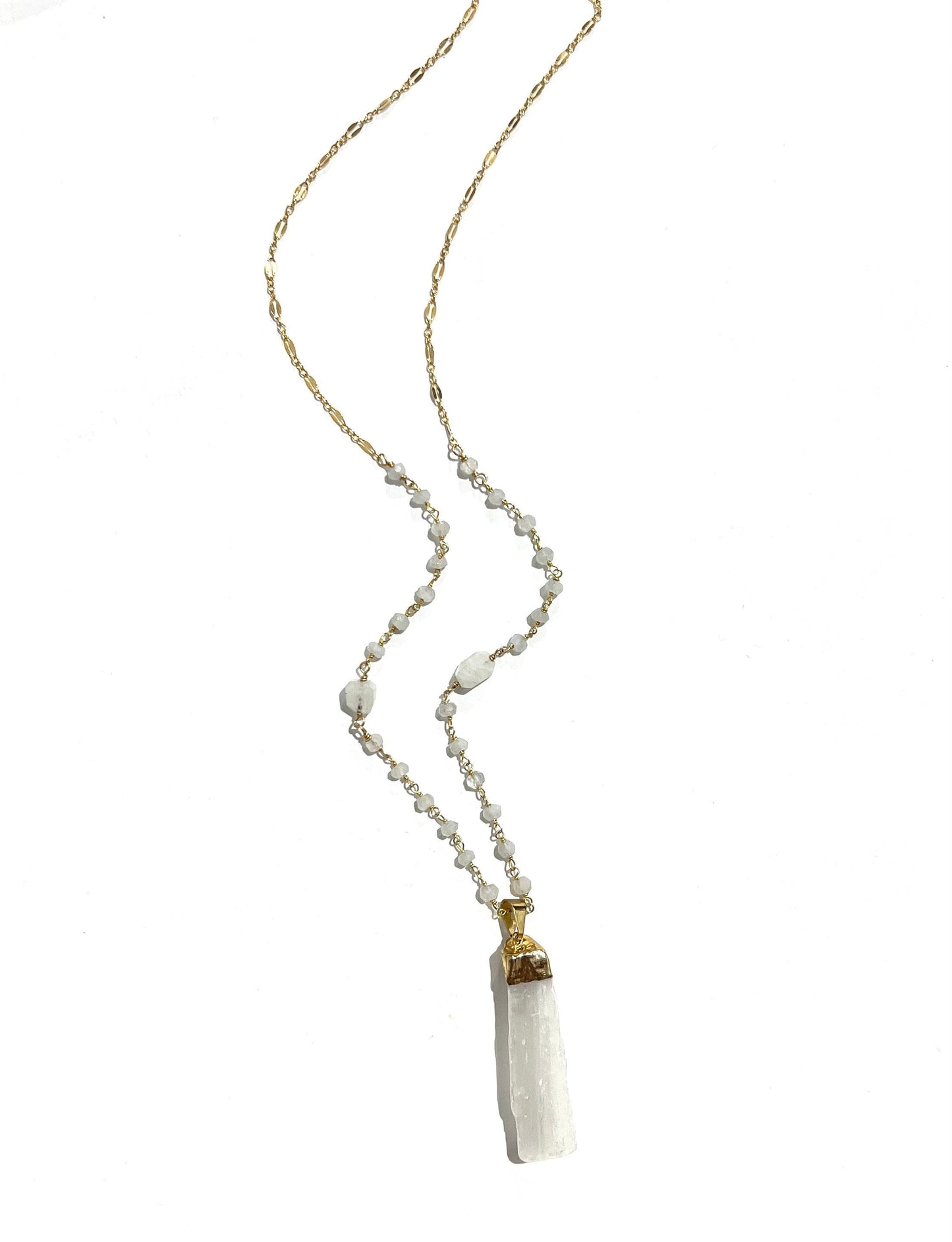 Selenite and rainbow moonstone necklace