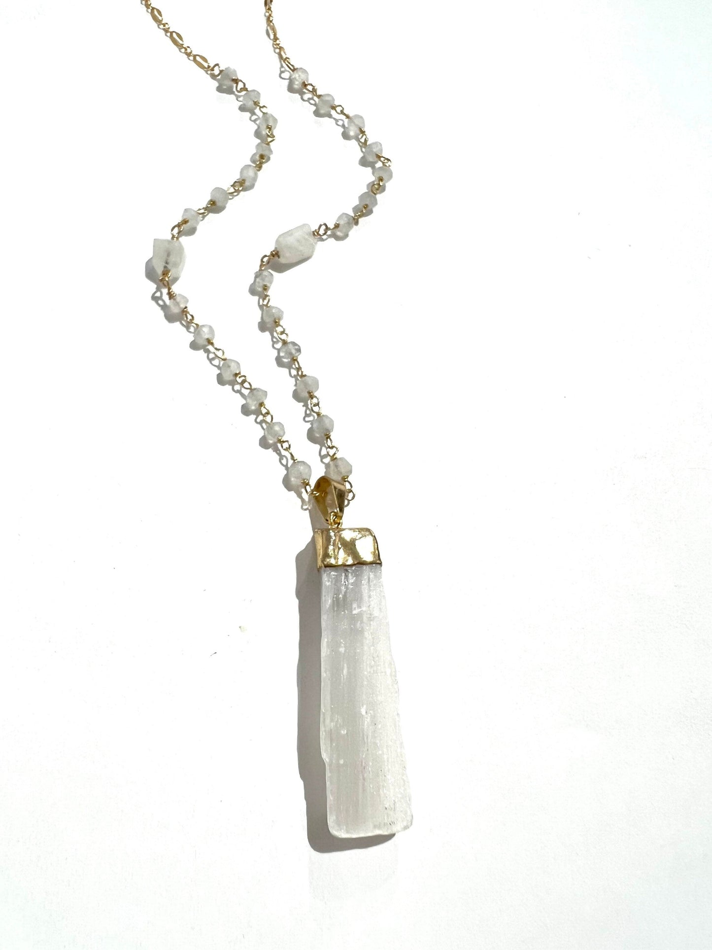 Selenite and rainbow moonstone necklace