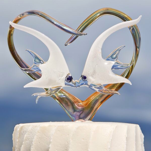 Custom Glass Heart Wedding Cake Topper with Kissing Angelfish