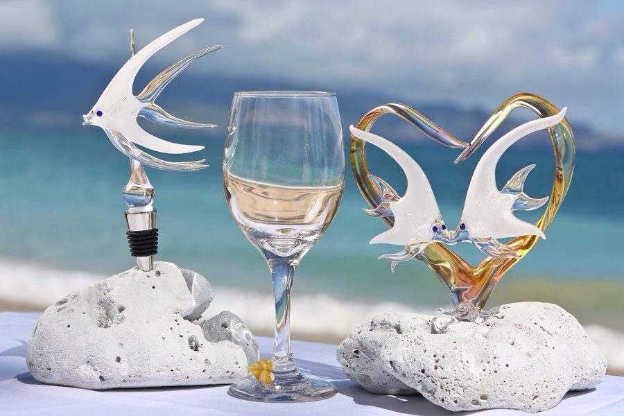 Custom Glass Heart Wedding Cake Topper with Kissing Angelfish