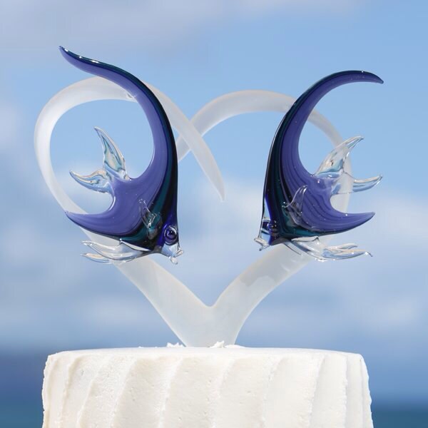 Frosted Glass Heart Cake Topper with Two Angelfish