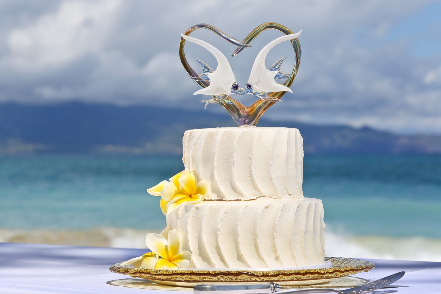 Custom Glass Heart Wedding Cake Topper with Kissing Angelfish