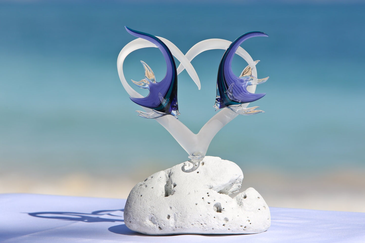 Frosted Glass Heart Cake Topper with Two Angelfish