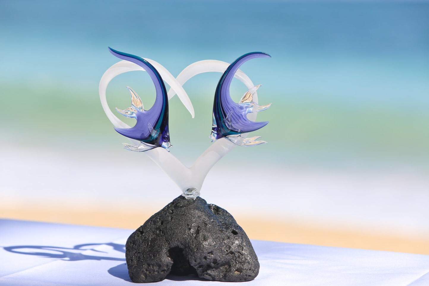 Frosted Glass Heart Cake Topper with Two Angelfish