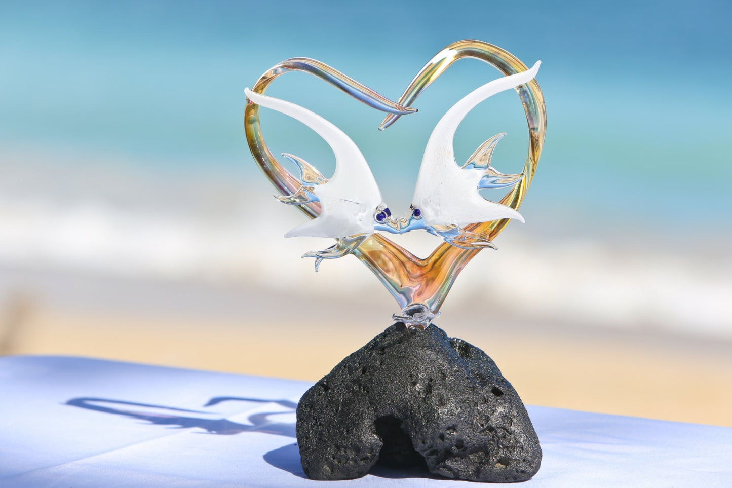 Custom Glass Heart Wedding Cake Topper with Kissing Angelfish