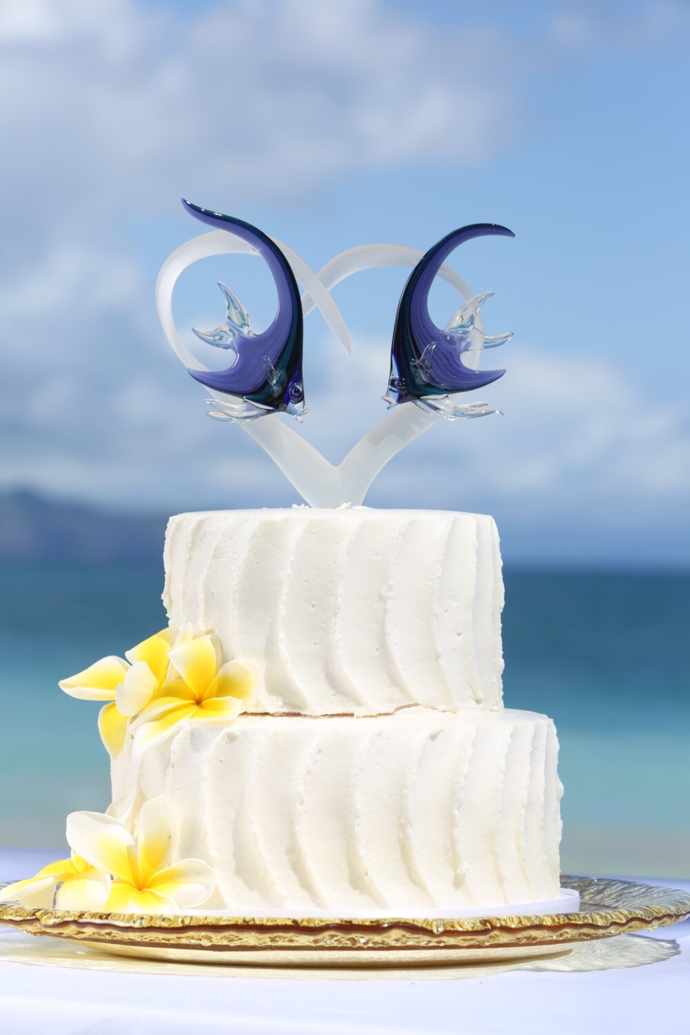 Frosted Glass Heart Cake Topper with Two Angelfish