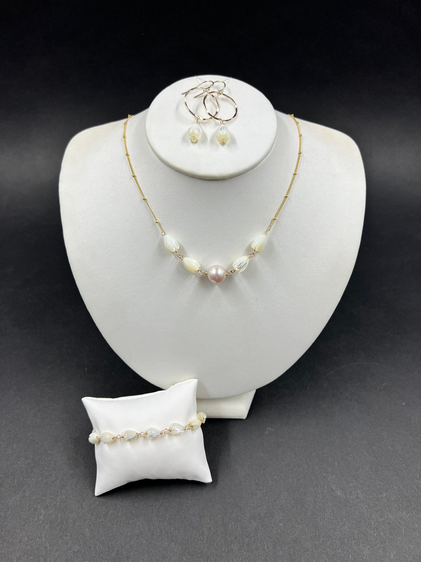 Mother of pearl pikake and Edison pearl necklace