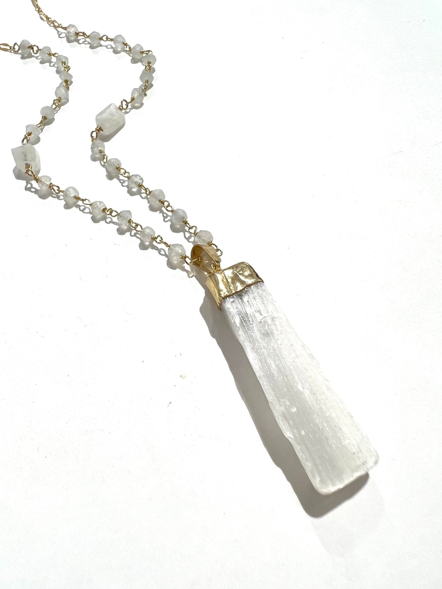 Selenite and rainbow moonstone necklace