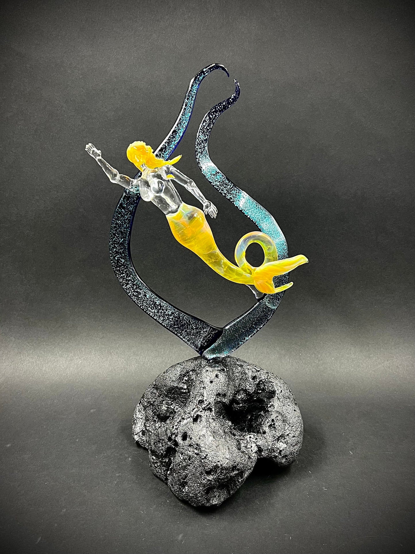 Mermaid in dichroic seaweed with coral accent Glass Sculpture