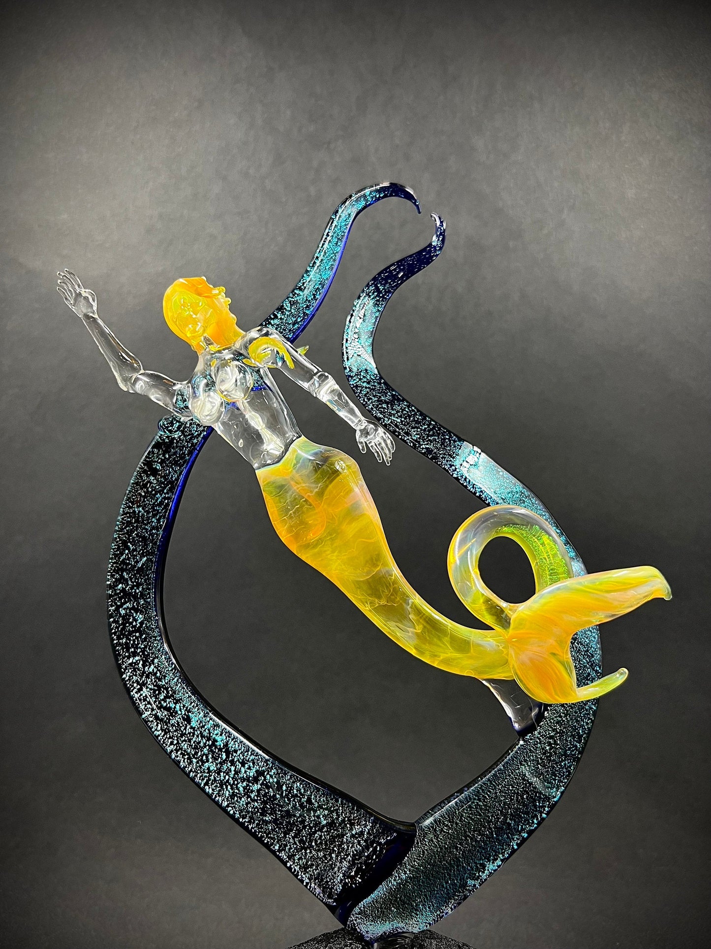 Mermaid in dichroic seaweed with coral accent Glass Sculpture