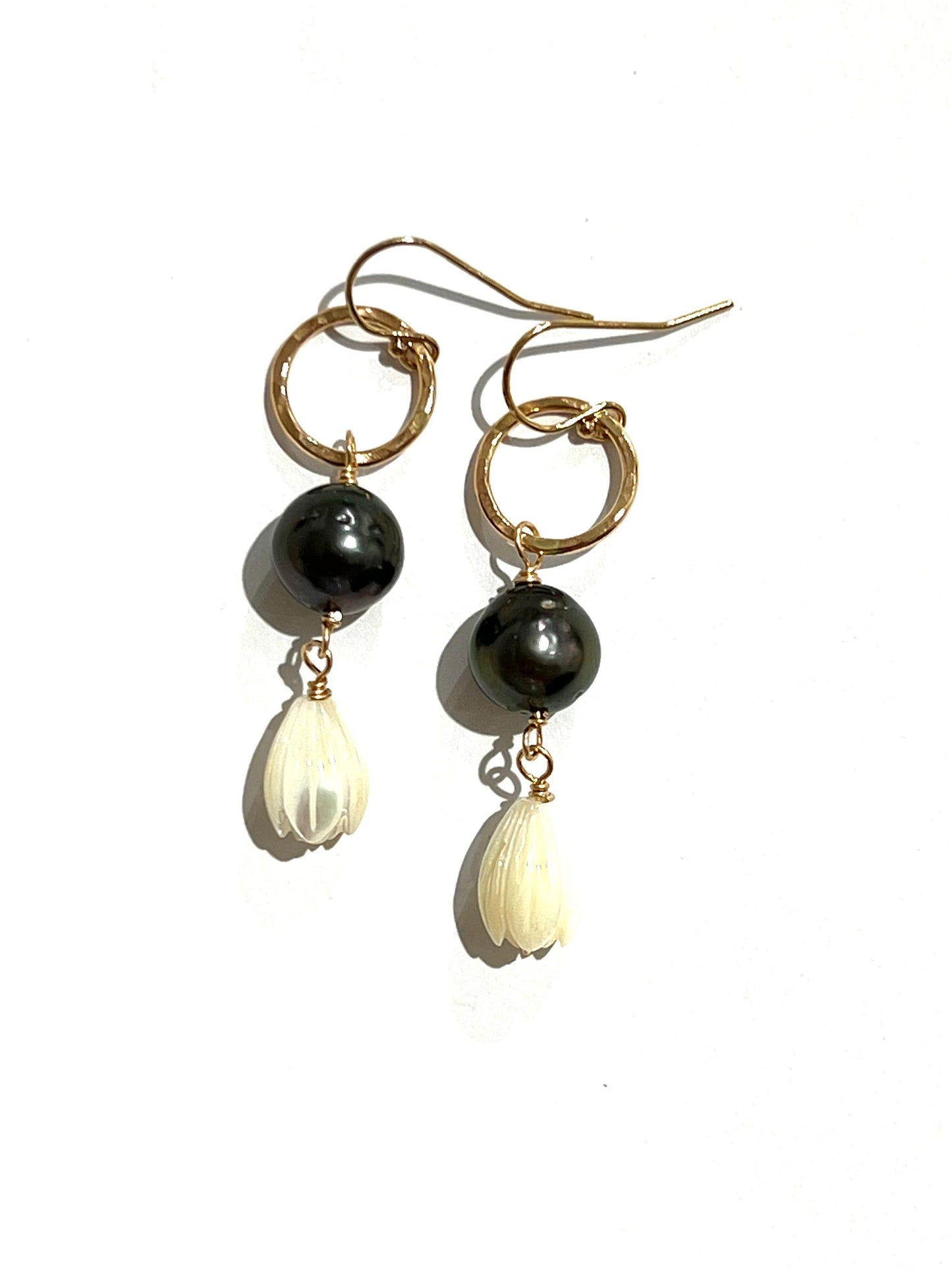 Bloom from the ashes Tahitian pearl and Mother of Pearl pikake flowers necklace and earrings
