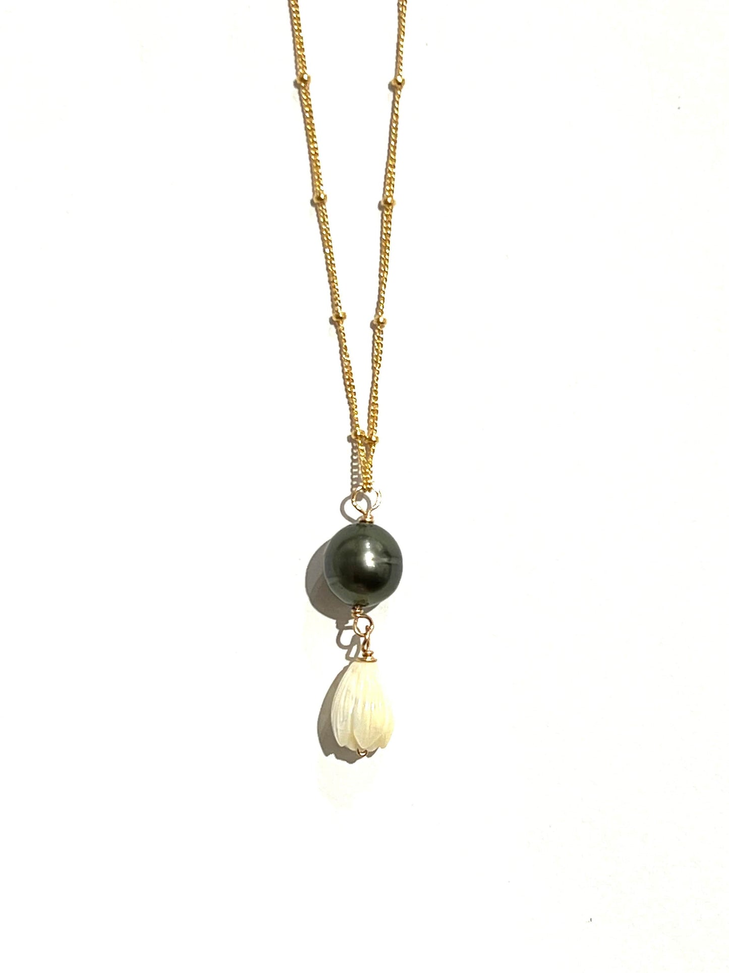 Bloom from the ashes Tahitian pearl and Mother of Pearl pikake flowers necklace and earrings