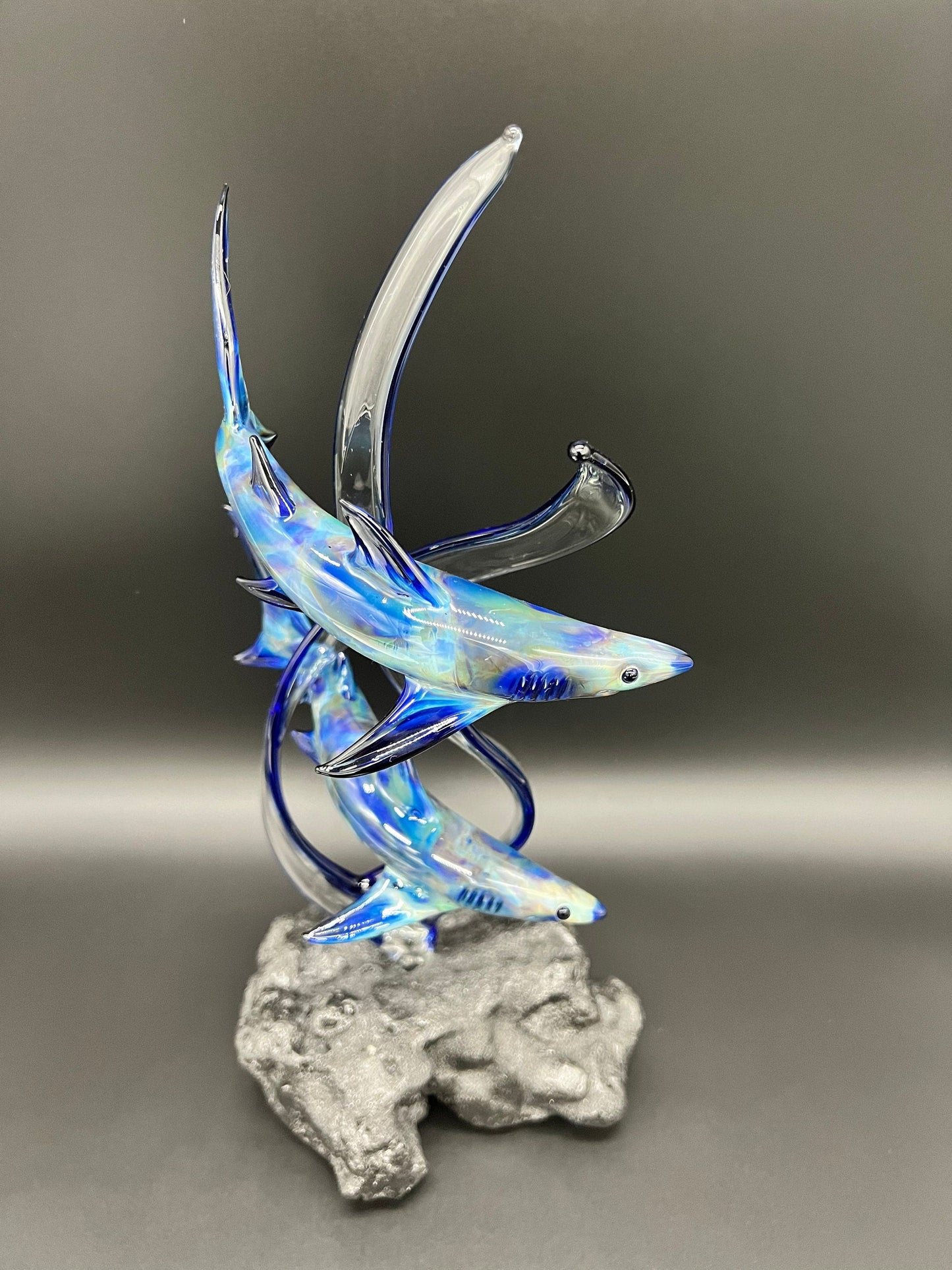 Custom Black lightning reef sharks on seaweed Glass Sculpture