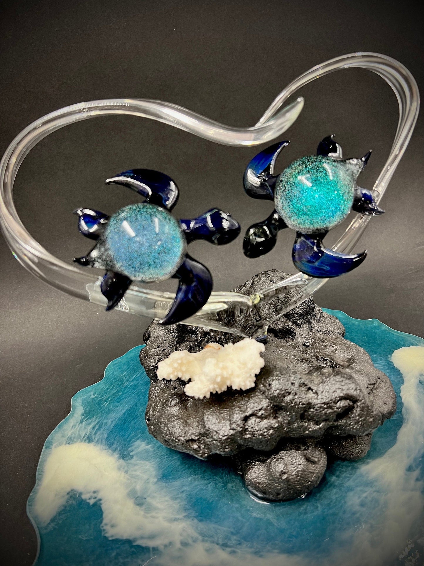 Dichroic turtle lovers in a heart glass sculpture
