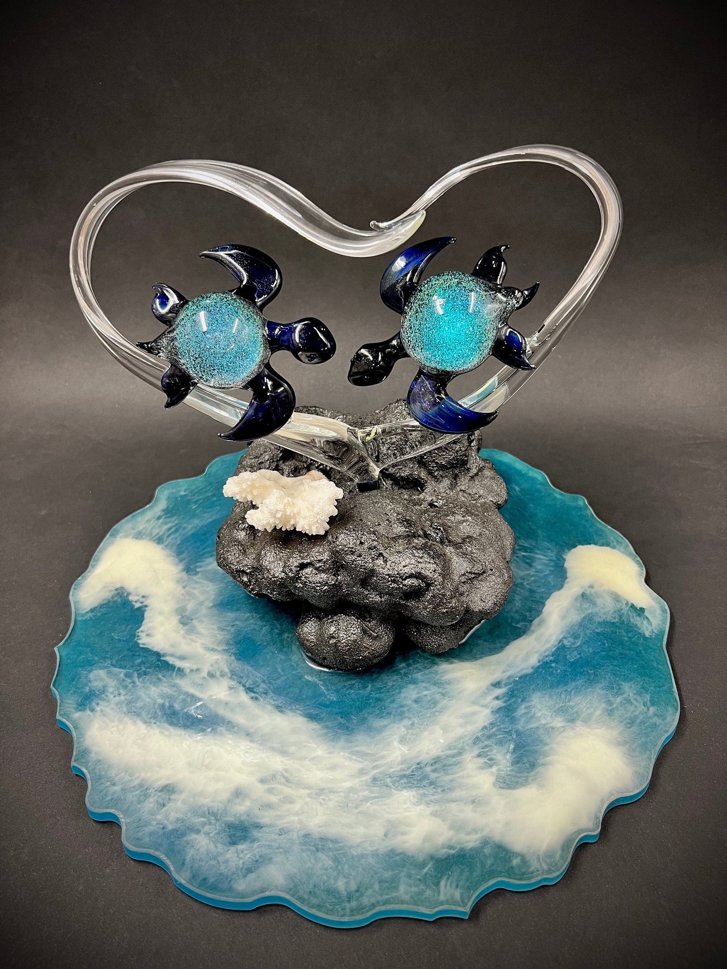 Dichroic turtle lovers in a heart glass sculpture