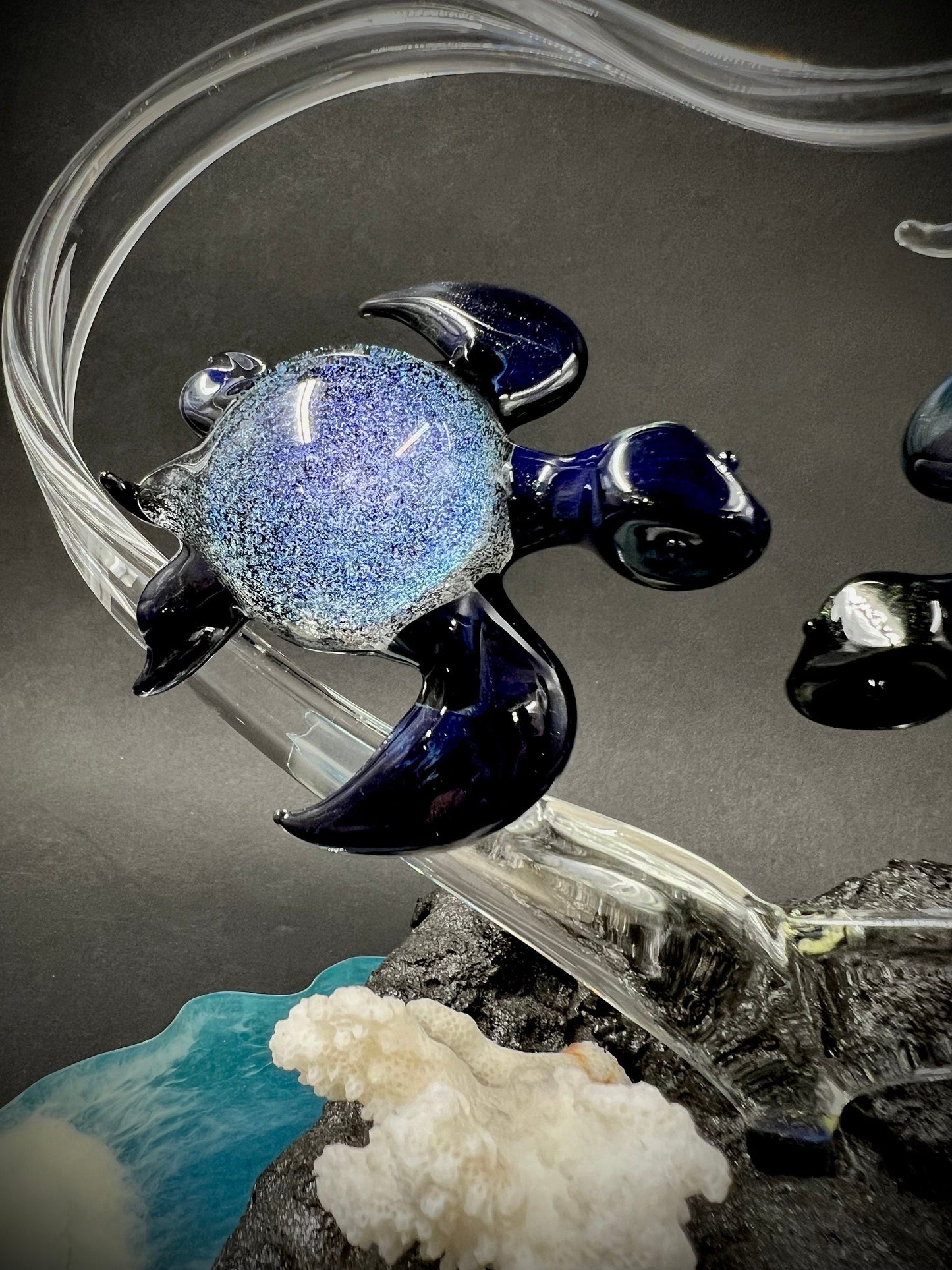 Dichroic turtle lovers in a heart glass sculpture