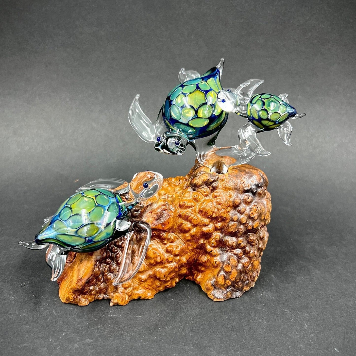Ohana Turtles Made to Order your family as green exotic glass Hawaiian Sea Turtles set on a manzanita Burl