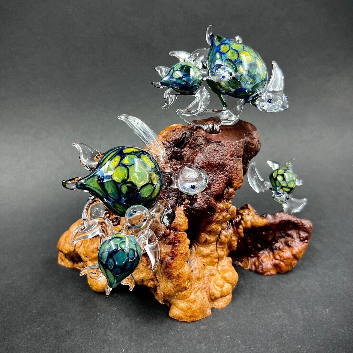 Ohana Turtles Made to Order your family as green exotic glass Hawaiian Sea Turtles set on a manzanita Burl