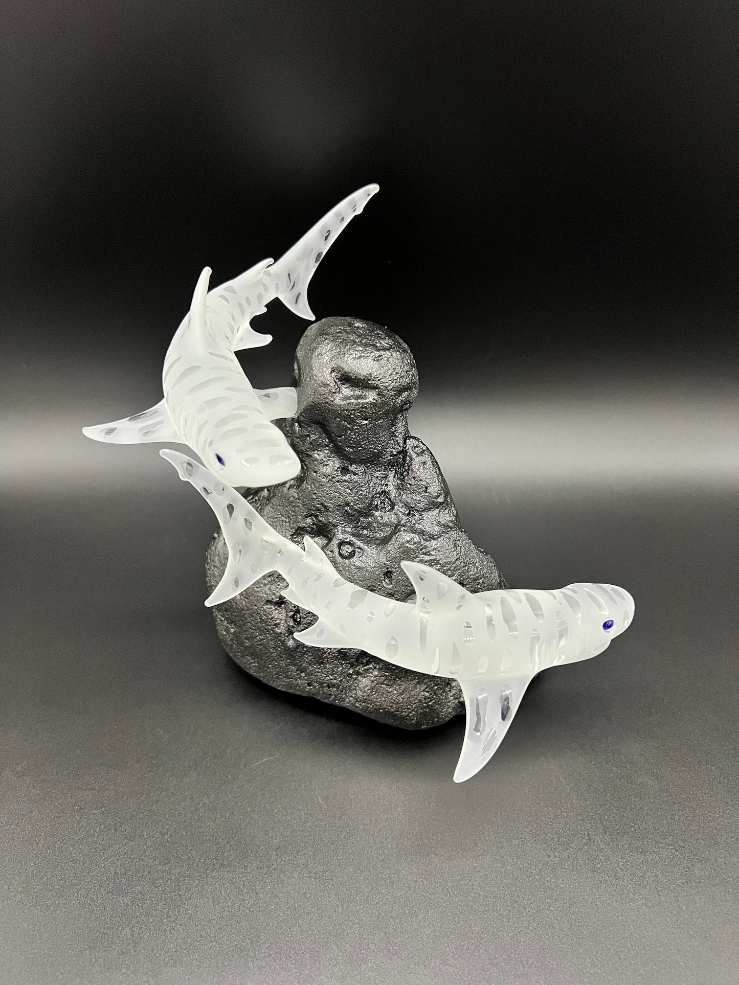 Double Tiger shark glass sculpture