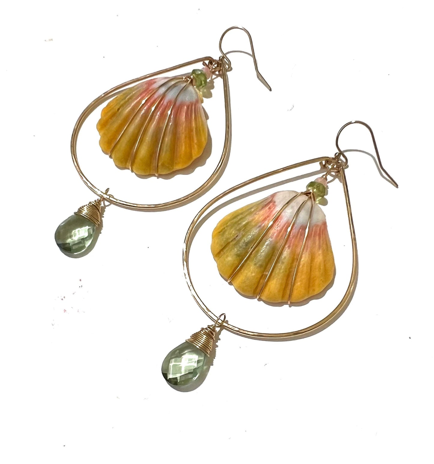 Moonrise Sunrise shell earrings with green amethyst