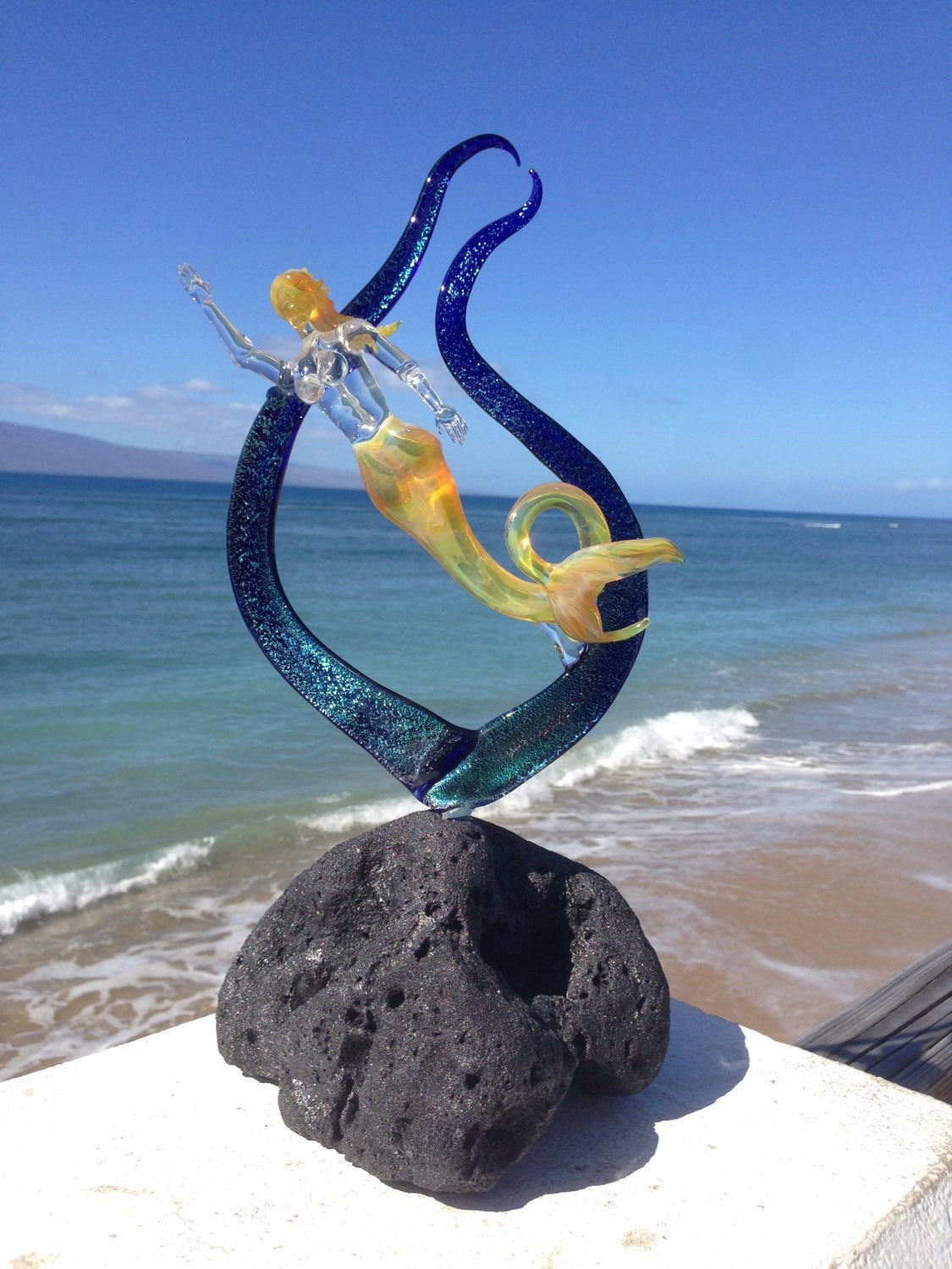 Mermaid in dichroic seaweed with coral accent Glass Sculpture